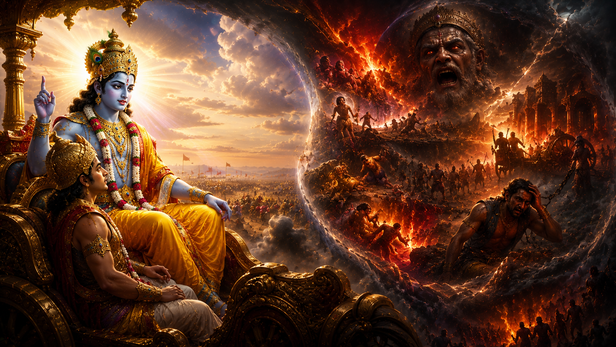 Arjuna speaking to Lord Krishna on the battlefield of Kurukshetra