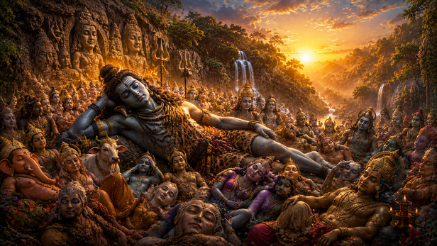 Lord Shiva resting with countless deities at Unakoti