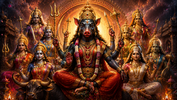 Divine depiction of Maa Varahi seated on her celestial throne