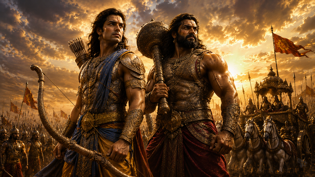 Arjuna and Bhima Standing Together Before Battle