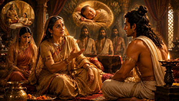 The five Pandavas standing together in royal attire