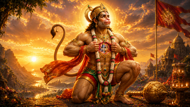 Devotee Chanting Hanuman Chalisa Before Hanuman Ji