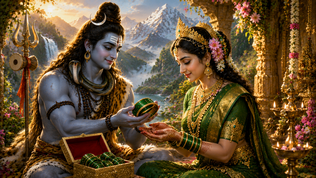 Lord Shiva Presenting Green Bangles to Goddess Parvati