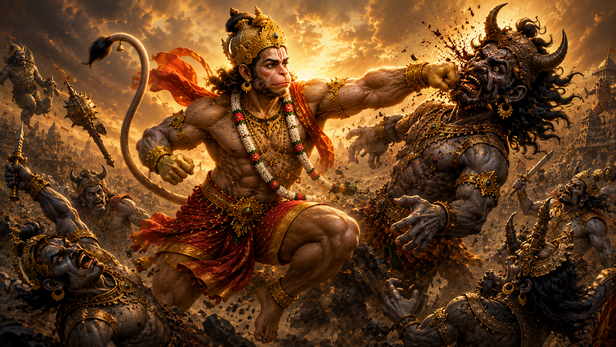 Hanuman Fighting Demons Bare-Handed