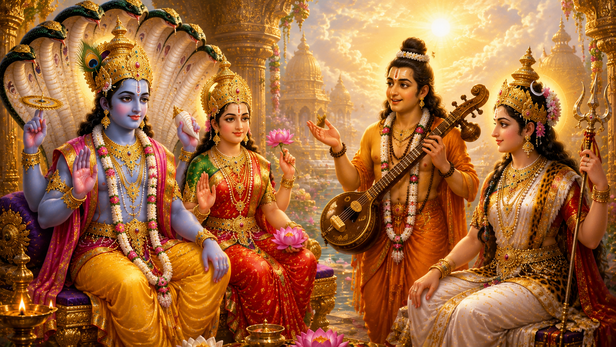 Lord Vishnu, Goddess Lakshmi, Narada Muni, and Goddess Parvati