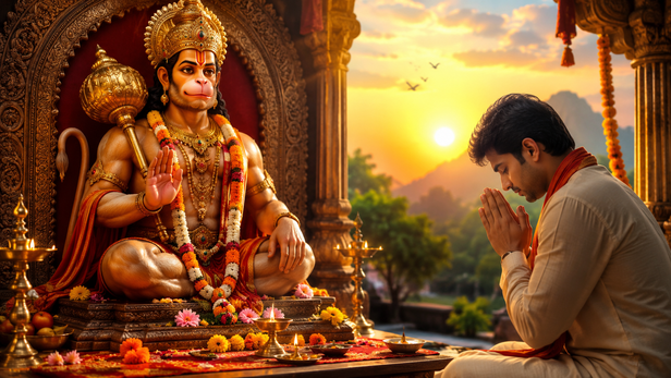 Peaceful Prayer Before Hanuman Idol