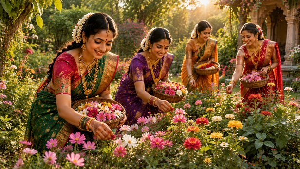 Women Collecting Fresh Flowers in a Garden