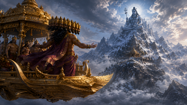 Ravana's Pushpaka Vimana halted before Mount Kailash