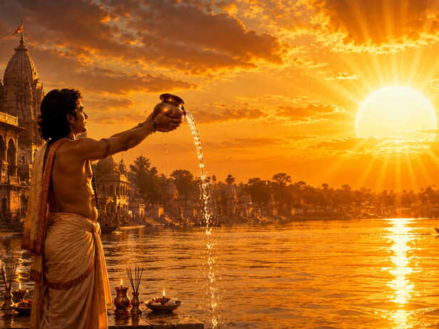Devotee offering water to the rising Sun