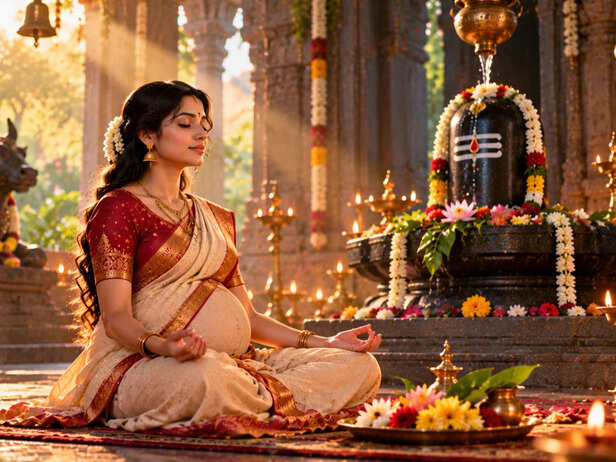 Pregnant Woman Meditating in a Shiva Temple